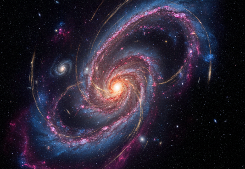 Spiralna galaksija sa živim plinskim oblacima i zvijezdama okružena je manjom galaksijom i zvjezdanim poljem