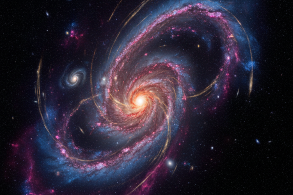 Spiralna galaksija sa živim plinskim oblacima i zvijezdama okružena je manjom galaksijom i zvjezdanim poljem