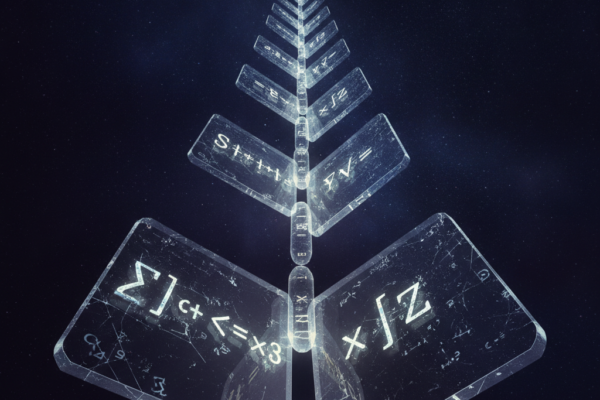 Stablo od prozirnog stakla s matematičkim formulama i simbolima na tamnoj pozadini sa zvijezdama