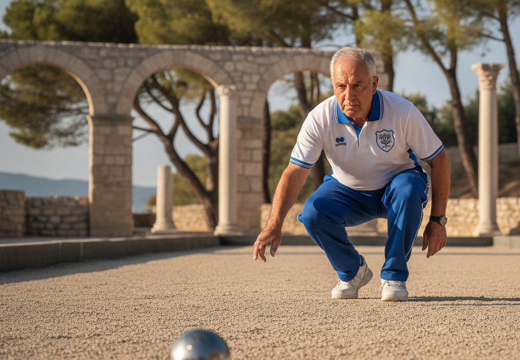 Stariji muškarac u sportskoj odjeći čuči na terenu za boćanje i sprema se baciti kuglu