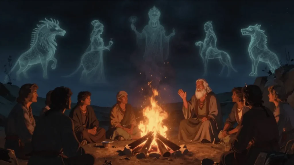 Drevni ljudi okupljeni oko vatre prenose priče koje danas nazivamo mitologija.