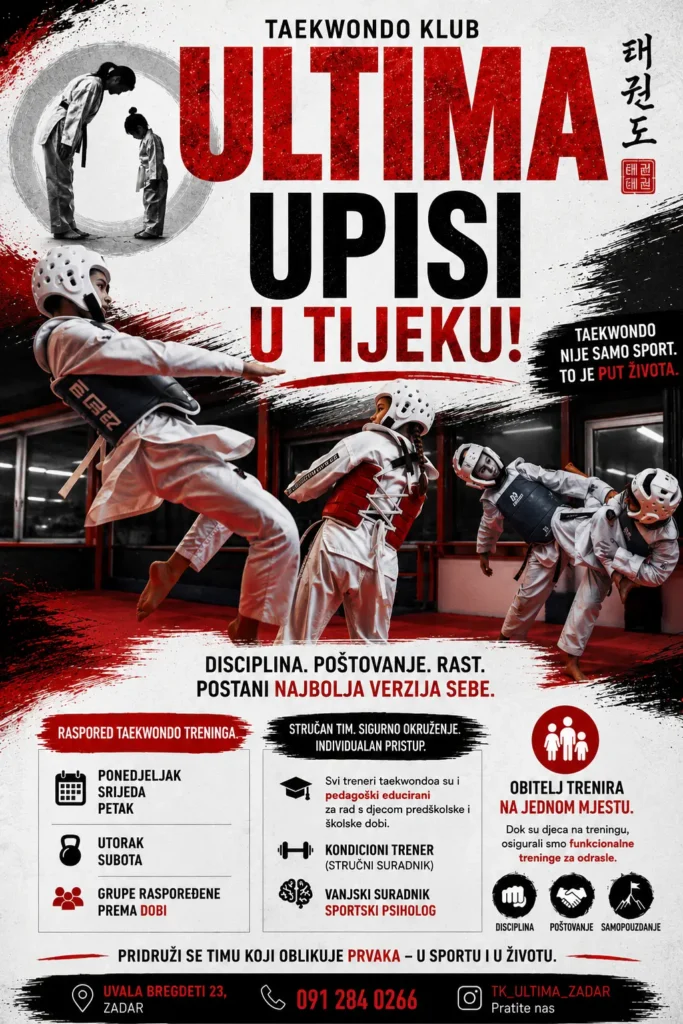 Taekwondo klub Ultima Zadar tijekom treninga za djecu i mlade sportaše