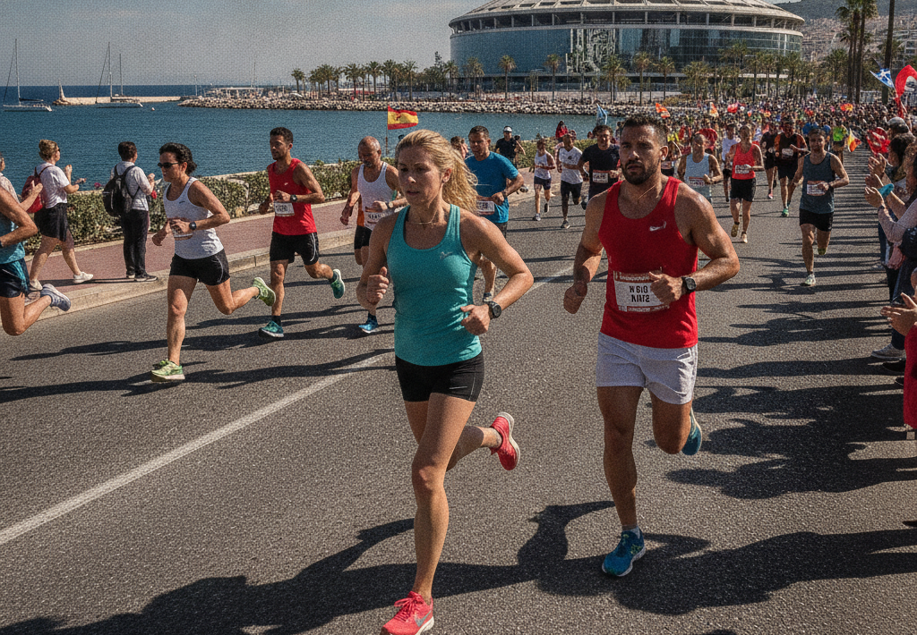 Trkači maratona trče uz obalu, s velikom zgradom u pozadini