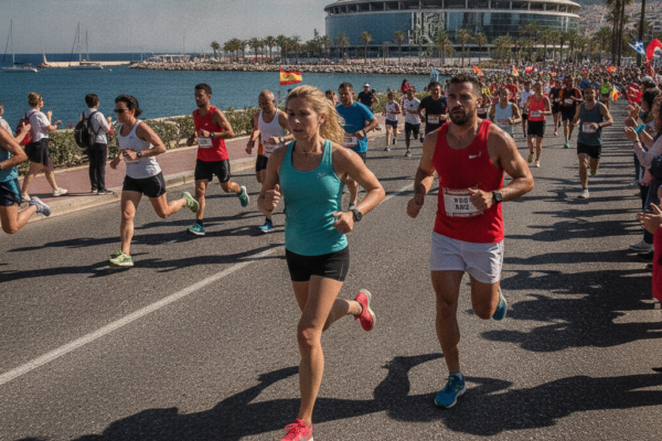 Trkači maratona trče uz obalu, s velikom zgradom u pozadini