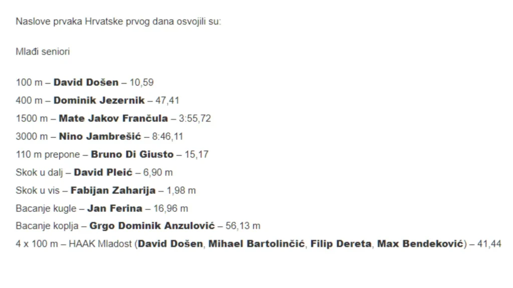 Rezultati prvog dana prvenstva Hrvatske u kategoriji Mlađi seniori