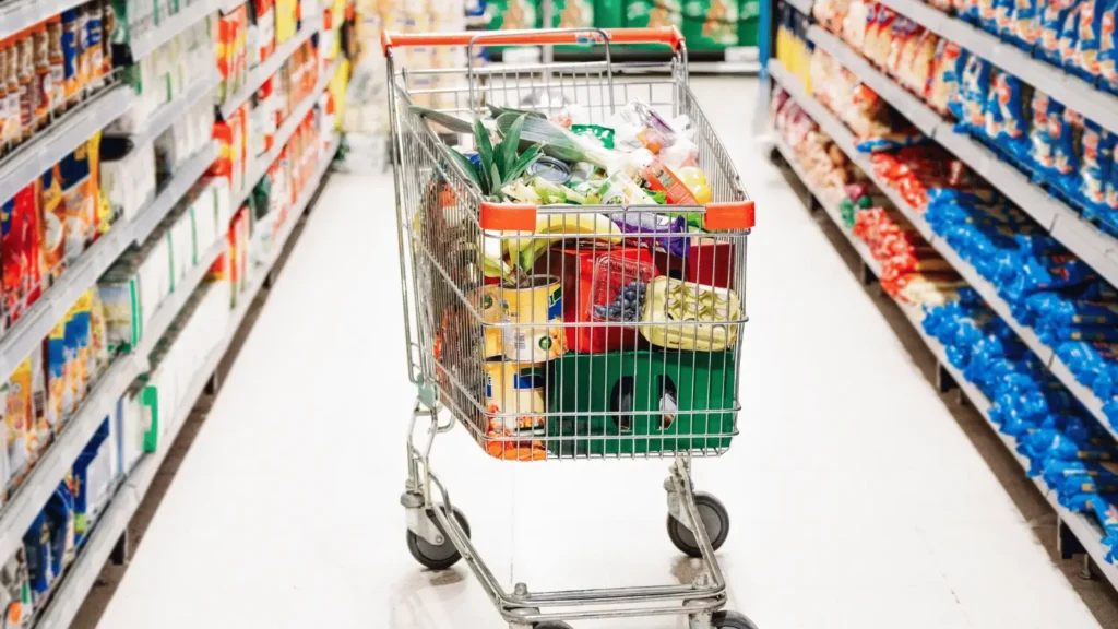 Kolica za kupnju puna namirnica u prolazu supermarketa