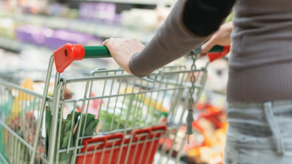 Ruka drži ručku kolica za kupnju u supermarketu