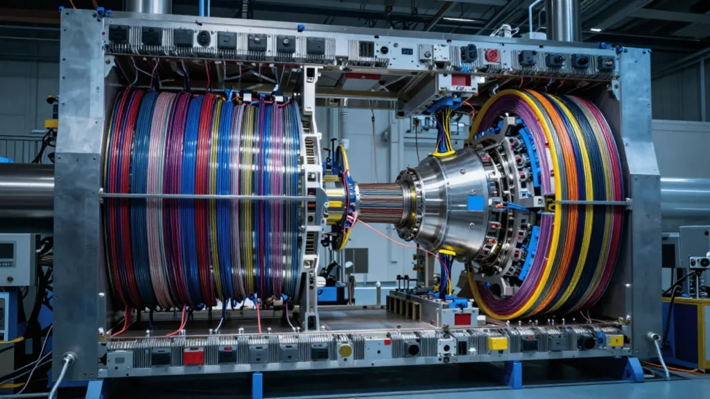 Unutrašnjost masivnog detektora čestica u CERN-u s vidljivim slojevima senzora, kabela i magnetskih zavojnica.