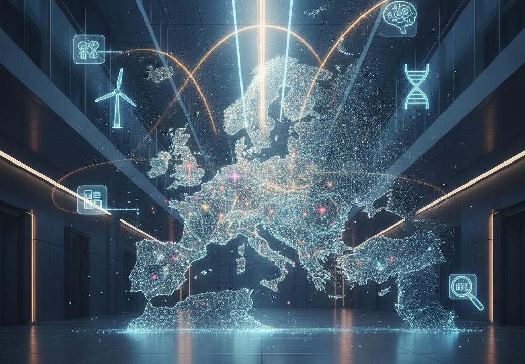 Digitalna karta Europe s mrežnim vezama i ikonama koje predstavljaju industriju, znanost i tehnologiju