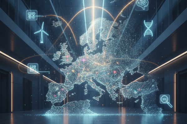 Digitalna karta Europe s mrežnim vezama i ikonama koje predstavljaju industriju, znanost i tehnologiju