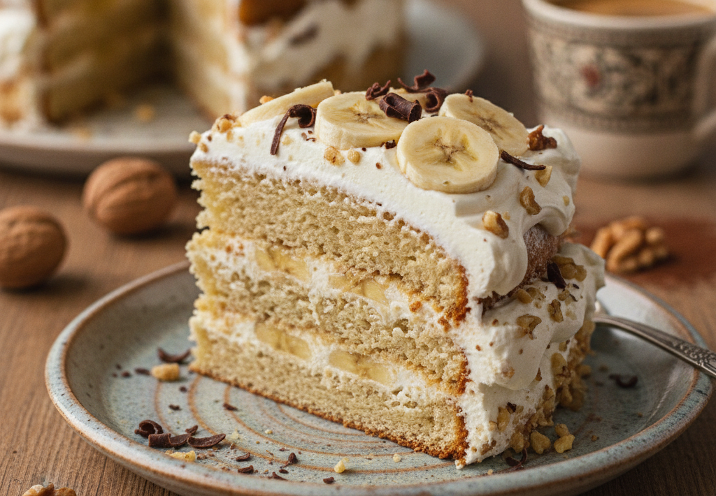Kriška bogate torta od banane s kremom, orasima i čokoladnim preljevom, uz krišku cijele torte u pozadini i šalicu kave