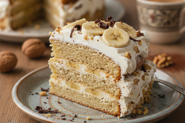 Kriška bogate torta od banane s kremom, orasima i čokoladnim preljevom, uz krišku cijele torte u pozadini i šalicu kave