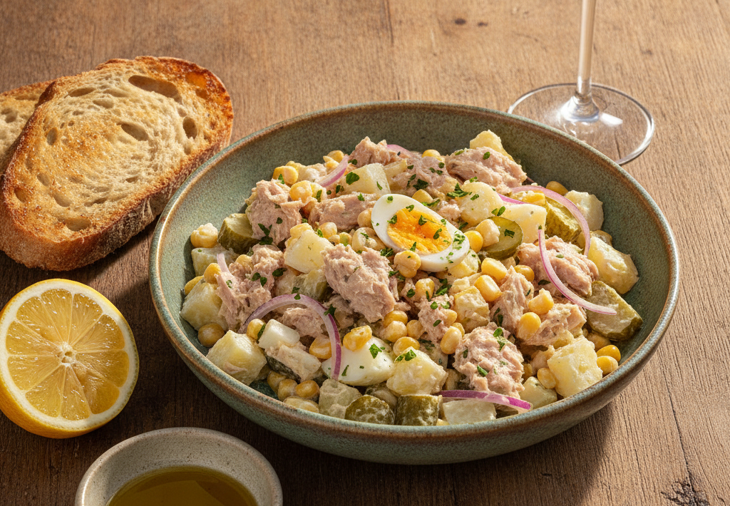 Salata od tune s krumpirom, kukuruzom, jajetom i krastavcima