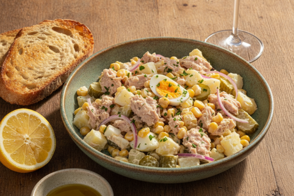 Salata od tune s krumpirom, kukuruzom, jajetom i krastavcima