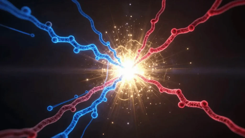 Apstraktni prikaz sudara protona visoke energije i naknadnog raspada Higgs bozona s upečatljivim svjetlećim tragovima čestica.
