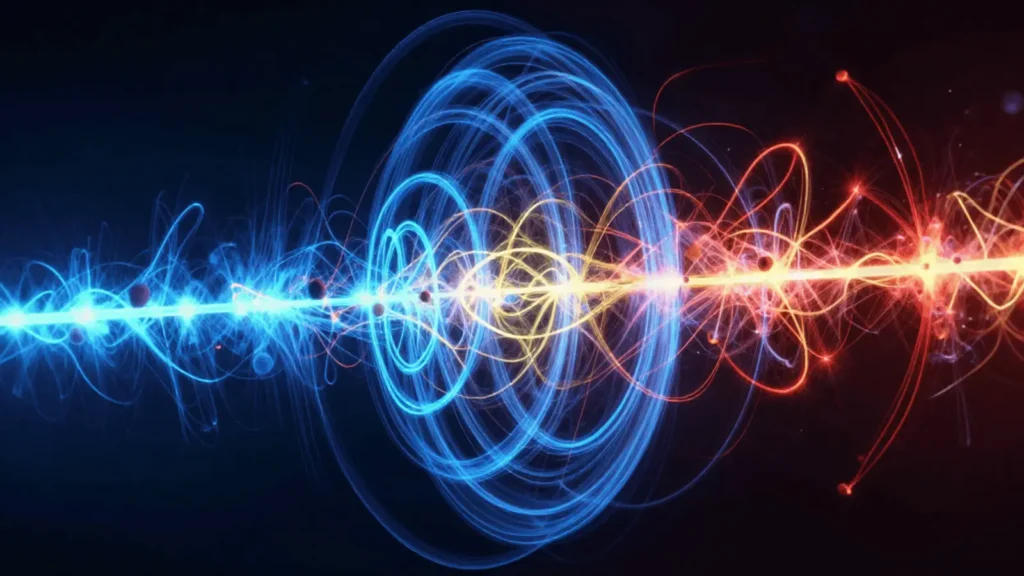 Svjetleće linije i spirale koje prikazuju zakrivljenje putanja subatomskih čestica pod utjecajem snažnog magnetskog polja.