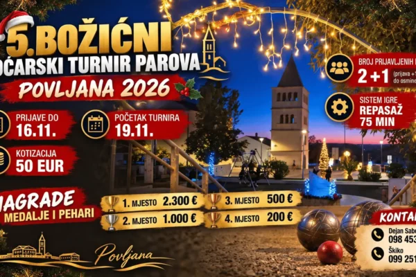 Plakat 5. Božićnog boćarskog turnira parova u Povljani 2026. s nagradnim fondom od 4.000 eura