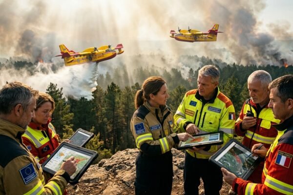 EU hitne službe koordiniraju na tabletima tijekom šumskog požara s avionima koji gase vatru u pozadini
