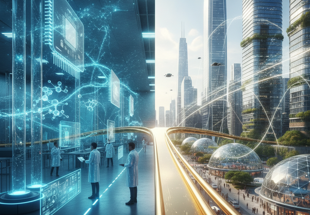 Futuristička vizija s laboratorijskim istraživanjima i naprednim gradskim krajolikom s letećim vozilima