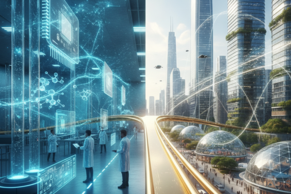 Futuristička vizija s laboratorijskim istraživanjima i naprednim gradskim krajolikom s letećim vozilima