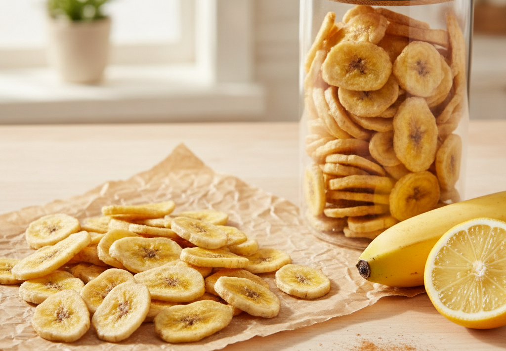 Hrskavi kolutići banane u staklenoj posudi, pored svježe banane i kriške limuna, posuti cimetom