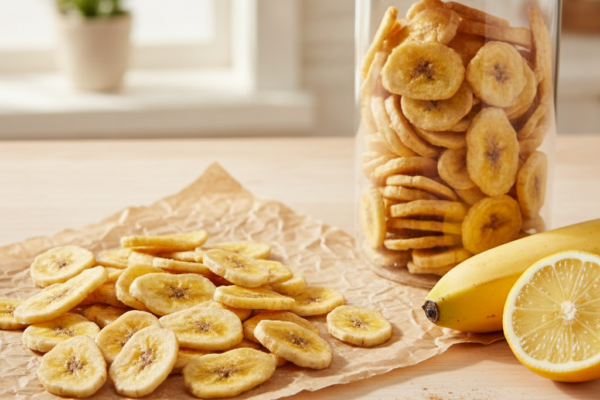 Hrskavi kolutići banane u staklenoj posudi, pored svježe banane i kriške limuna, posuti cimetom