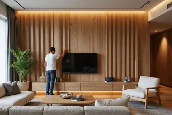 🏡 Dom i Vrt projekt: Postavljanje 3D drvenih zidnih panela (slats) u dnevnom boravku