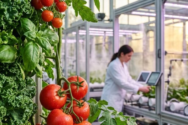 Rajčice i zelje u vertikalnom vrtu, u pozadini osoba u laboratorijskoj kuti radi u modernom postrojenju za uzgoj biljaka