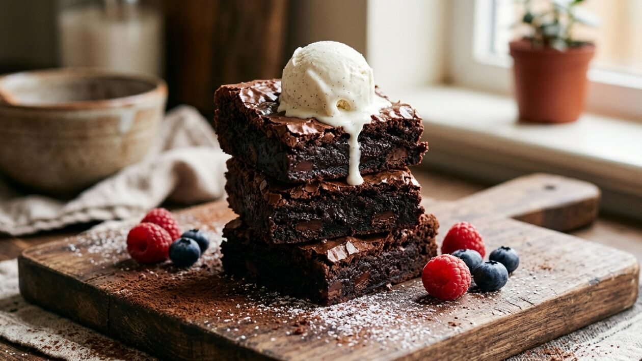 Slojeviti čokoladni brownie s kuglicom sladoleda od vanilije i svježim bobičastim voćem