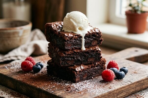 Slojeviti čokoladni brownie s kuglicom sladoleda od vanilije i svježim bobičastim voćem