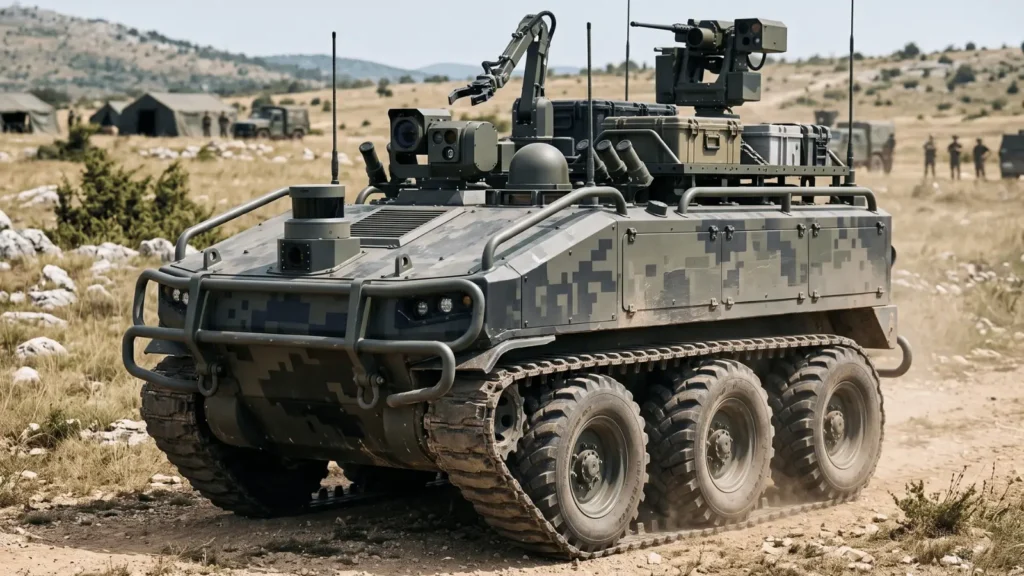 Oklopno vozilo za daljinsko upravljanje s kupolom na vrhu i robotiziranom rukom