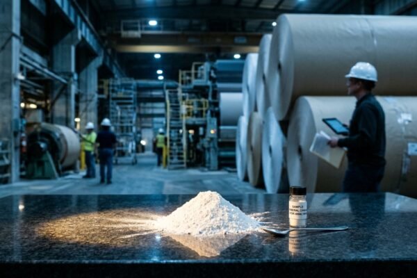Uzorak mineralnog punila za papir na stolu u tvornici papira, s radnicima i rolama papira u pozadini